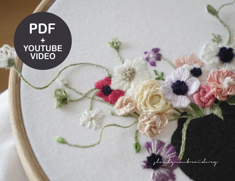 Embroidery Pattern, Hand embroidery PDF, 3D hand embroidery video Tutorial, Flower embroidery, floral embroidry designs Wire embroidery image 4