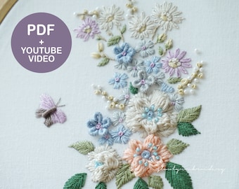 Flower embroidery designs +video tutorial, Butterfly Floral embroidery, pdf pattern, beginner, 3D embroidery art, SlowlyEmbroidery