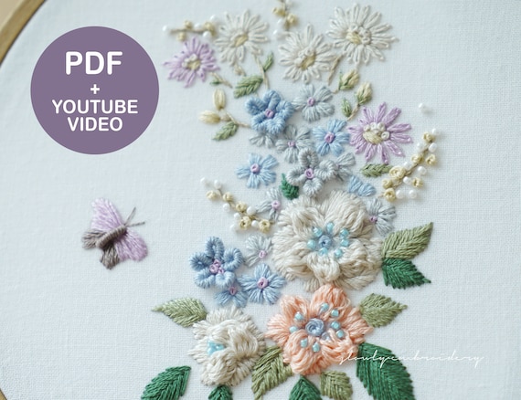 Flower embroidery designs +video tutorial, Butterfly Floral embroidery, pdf pattern, beginner, 3D embroidery art, SlowlyEmbroidery
