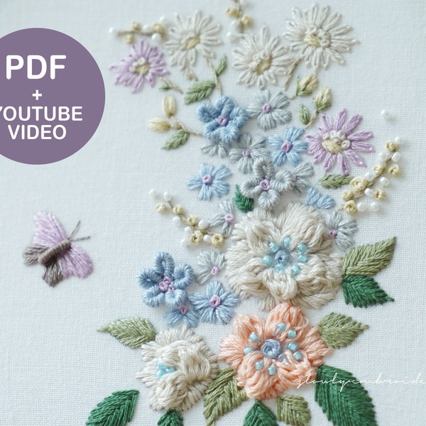 Flower embroidery designs +video tutorial, Butterfly Floral embroidery, pdf pattern, beginner, 3D embroidery art, SlowlyEmbroidery