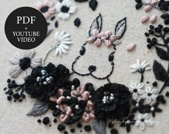 Black Rabbit Hand Embroidery PDF Pattern + Video Tutorial | Floral Embroidery Design, Digital Download