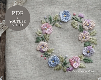 Embroidery pattern + video tutorial, Pansy flowers, Embroidery PDF Pattern, for beginners, Hand Embroidery Stitch tutorials