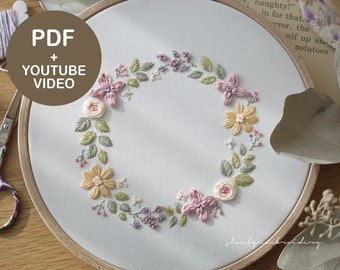 Pastel Floral Wreath Embroidery Pattern PDF Design with Video Tutorial for Beginners