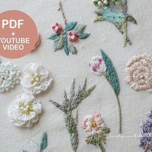 以下が含まれることがあります： 白、ピンク、ラベンダーの花、緑の葉など、さまざまな刺繍の花柄のデザインのクローズアップ。 刺繍は、詳細なステッチとビーズ細工が特徴です。 画像のテキストは「PDF + YOUTUBE VIDEO」です。