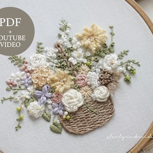 Yellow Floral Basket Embroidery Pattern – Hand Embroidery PDF for Beginners with Video Tutorial