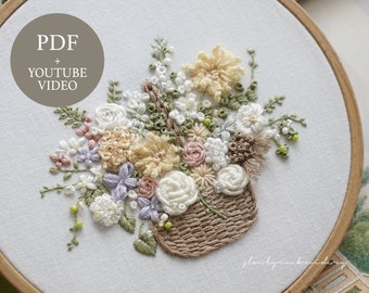 Patrón de bordado a mano de cesta floral amarilla / Diseños de bordado de flores / Para principiantes con videotutorial / Descarga digital en PDF