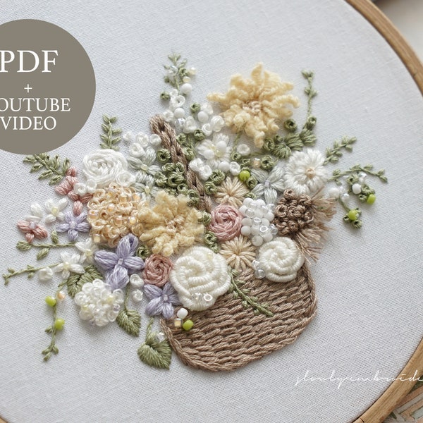 Motif de broderie à la main avec panier floral. Adapté aux débutants, téléchargement PDF instantané avec didacticiel vidéo