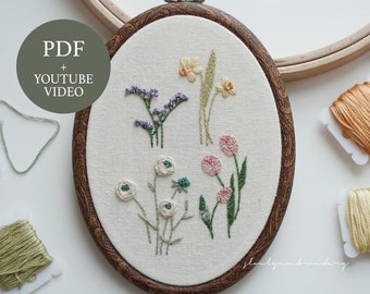 Floral Embroidery Pattern PDF, 4 Flower Designs with Video Tutorial for Beginners