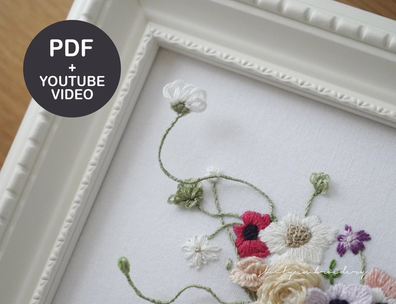 Embroidery Pattern, Hand embroidery PDF, 3D hand embroidery video Tutorial, Flower embroidery, floral embroidry designs Wire embroidery image 5