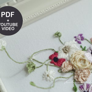 Embroidery Pattern, Hand embroidery PDF, 3D hand embroidery video Tutorial, Flower embroidery, floral embroidry designs Wire embroidery image 7