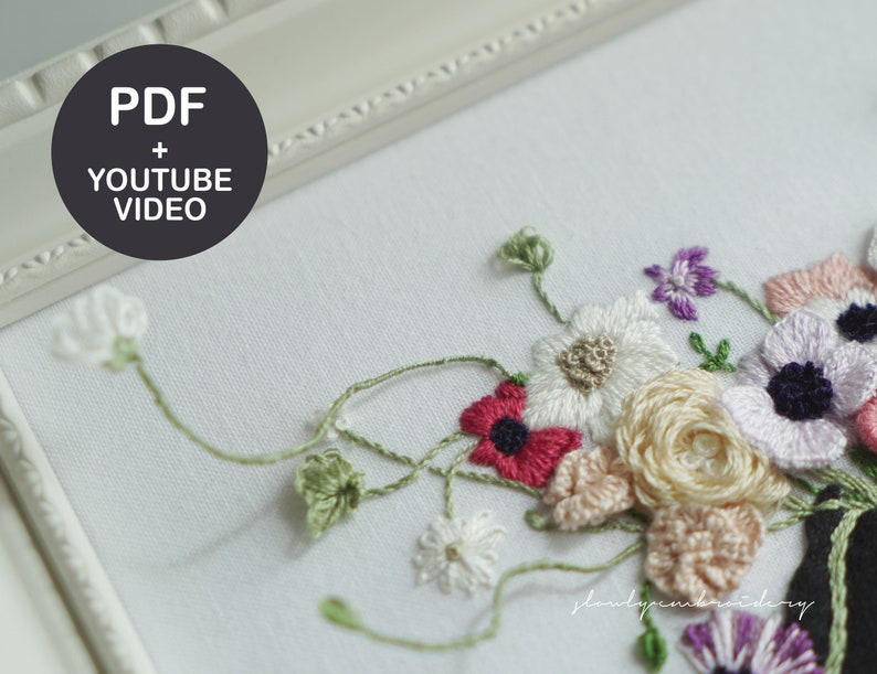 Embroidery Pattern, Hand embroidery PDF, 3D hand embroidery video Tutorial, Flower embroidery, floral embroidry designs Wire embroidery image 7