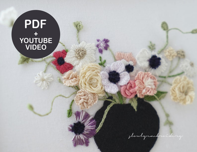 Embroidery Pattern, Hand embroidery PDF, 3D hand embroidery video Tutorial, Flower embroidery, floral embroidry designs Wire embroidery image 2
