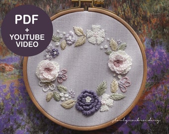 Embroidery Pattern, PDF Pattern, Flower Hand Embroidery, Video Tutorial, Embroidery Design, 3D Floral, DIY Printable, Digital Download