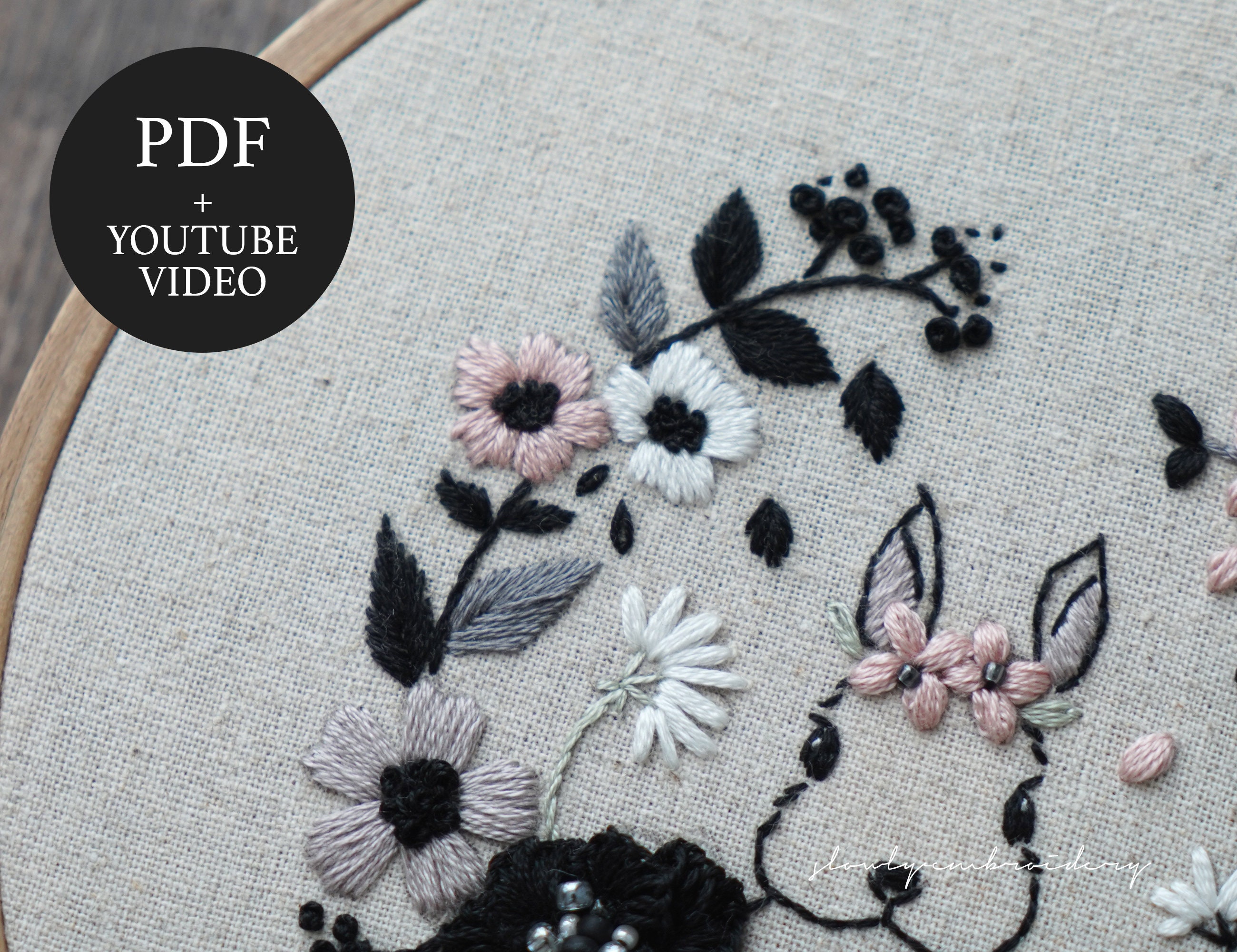 Black Rabbit Hand Embroidery PDF Pattern + Video Tutorial | Floral ...