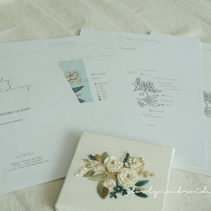 May include: A collection of embroidery guides and a finished embroidery piece. The guides are white with black text and illustrations. The finished piece is a small canvas with a floral design in cream, green, and beige thread. The text "slowly embroidery" is visible.