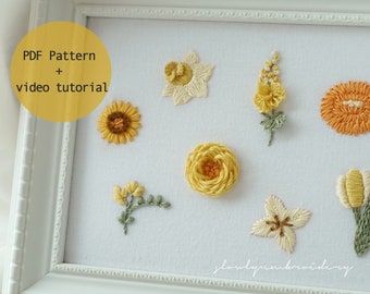 Yellow Flower Embroidery Pattern, Floral Embroidery, PDF Pattern, Video Tutorial, Flower Hand Embroidery, DIY Printable, Digital Download