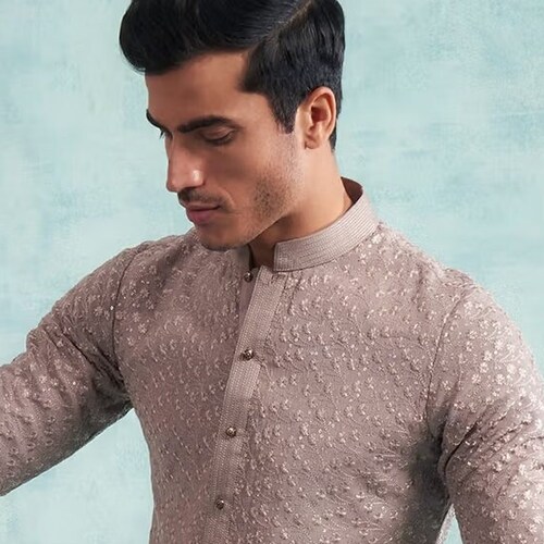 Peach Color Handmade Mens Embroidery Kurta Pyjama Set Wedding Etsy