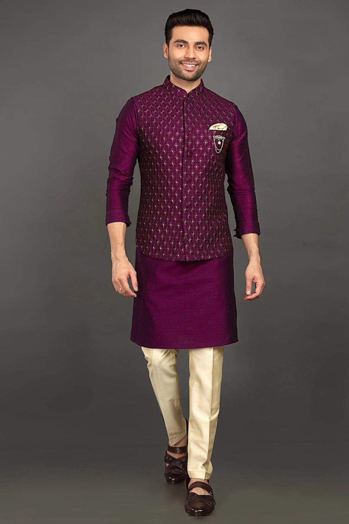 Purple Color Handmade Silk Fabric Mens Kurta Set With Etsy