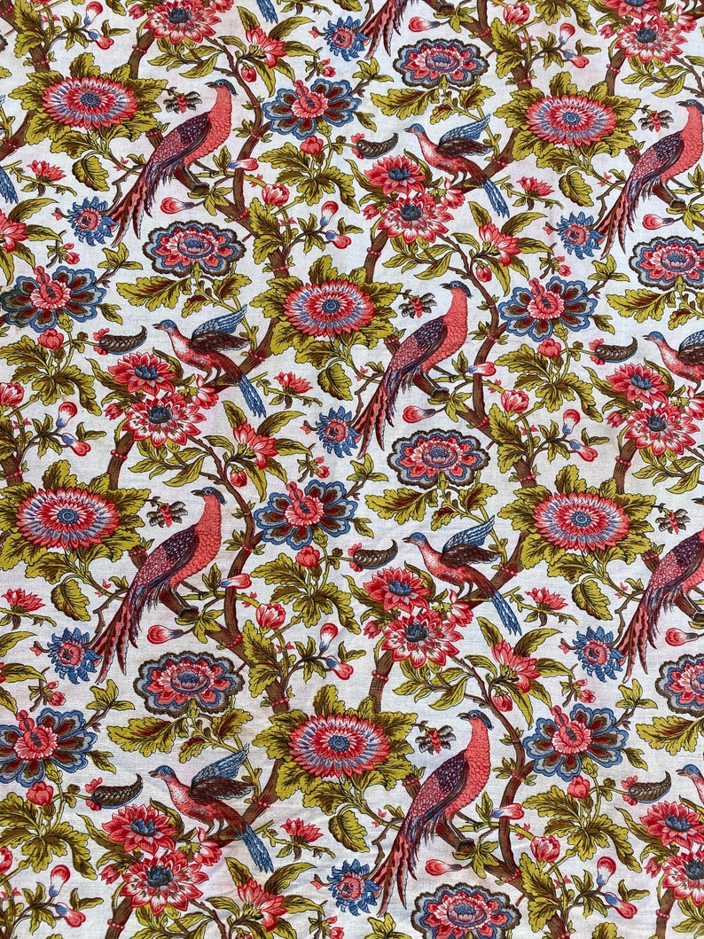 cie Old Indian-flowered linen fabric coupon with Gabrielle birds
