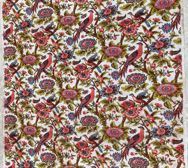 cie Old Indian-flowered linen fabric coupon with Gabrielle birds