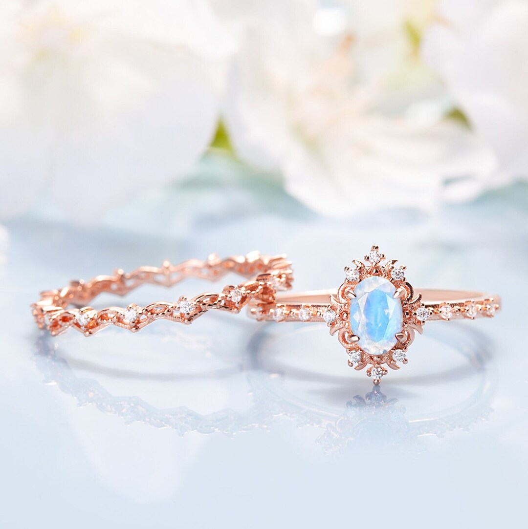 Natural Moonstone Wedding Ring Set, Rose Gold Engagement Ring Set, Oval ...