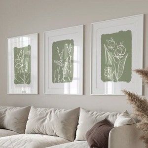 Set of 3 Sage Green Botanical Prints, Home Decor, Green Wall Art, A3 Prints, Living room Prints, High Quality, (002)