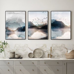 Set of 3 watercolour landscape prints, Blue prints, Home Décor, Navy Wall Art, Livingroom Prints, High Quality, (016)
