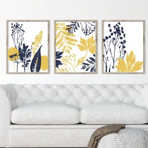 Set of 3 Navy/Yellow Abstract Flower Prints | Set of 3 Prints | Abstract Prints | Navy Prints | Bedroom Wall Art |  (020)