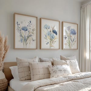 Blue Wildflower Prints Set: Botanical Wall Art, Home Decor, Set of 3 wall art, Livingroom Prints, Bedroom posters, Kitchen wall art image 1