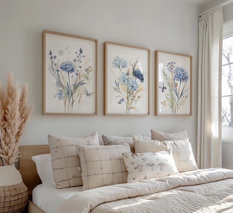 Blue Wildflower Prints Set: Botanical Wall Art, Home Decor, Set of 3 wall art, Livingroom Prints, Bedroom posters, Kitchen wall art image 1