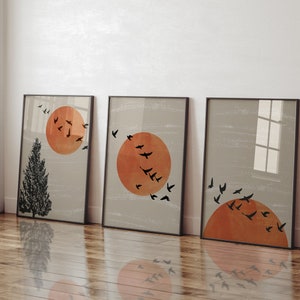 Sunrise Scandinavian Bird Prints - Set of 3 - Bedroom Wall Art