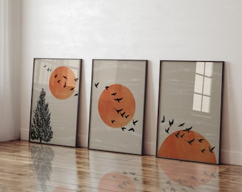 Sunrise Scandinavian Bird Prints - Set of 3 - Bedroom Wall Art