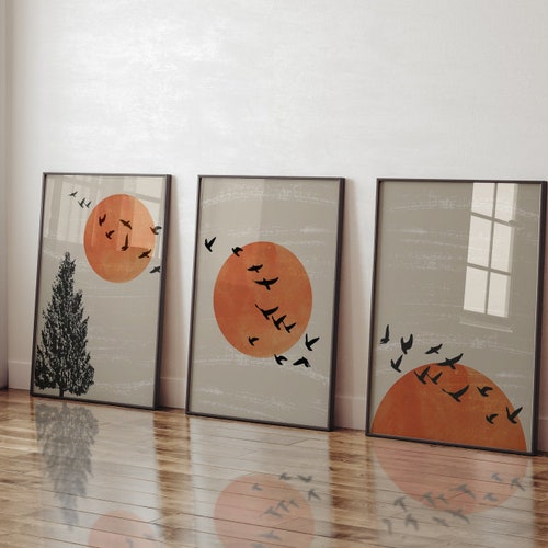 Impressions d'oiseaux scandinaves Sunrise - Lot de 3 - Décoration murale pour chambre à coucher