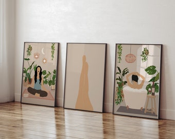 May include: Set of three framed art prints featuring minimalist illustrations. One depicts a person meditating, surrounded by plants. Another shows legs, and the third shows a person in a bathtub. The prints have a neutral color palette.