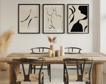 Abstract Line Art Prints, Neutral Wall Decor, Set of 3