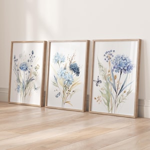 Blue Wildflower Prints Set: Botanical Wall Art, Home Decor, Set of 3 wall art, Livingroom Prints, Bedroom posters, Kitchen wall art image 5