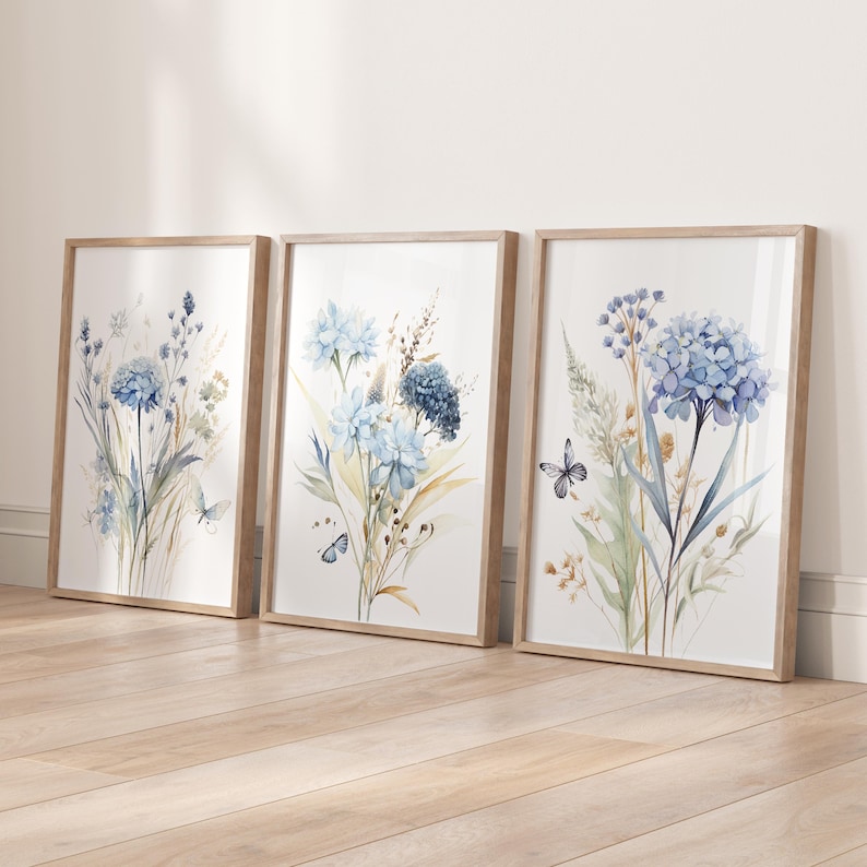 Blue Wildflower Prints Set: Botanical Wall Art, Home Decor, Set of 3 wall art, Livingroom Prints, Bedroom posters, Kitchen wall art image 5