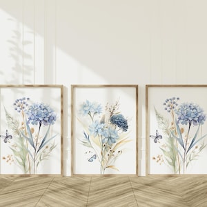 Blue Wildflower Prints Set: Botanical Wall Art, Home Decor, Set of 3 wall art, Livingroom Prints, Bedroom posters, Kitchen wall art image 10