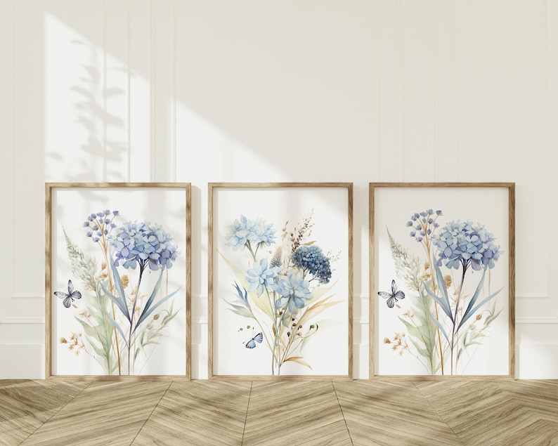 Blue Wildflower Prints Set: Botanical Wall Art, Home Decor, Set of 3 wall art, Livingroom Prints, Bedroom posters, Kitchen wall art image 10