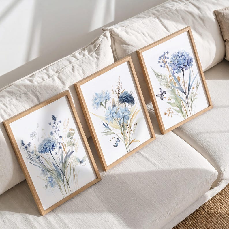 Blue Wildflower Prints Set: Botanical Wall Art, Home Decor, Set of 3 wall art, Livingroom Prints, Bedroom posters, Kitchen wall art image 3