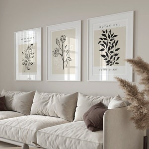 Set of 3 modern art botanical flower neutral/black prints, Living room wall art, Bedroom prints, High quality, (027)