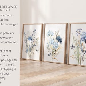 Blue Wildflower Prints Set: Botanical Wall Art, Home Decor, Set of 3 wall art, Livingroom Prints, Bedroom posters, Kitchen wall art image 14