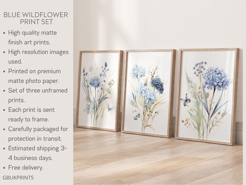 Blue Wildflower Prints Set: Botanical Wall Art, Home Decor, Set of 3 wall art, Livingroom Prints, Bedroom posters, Kitchen wall art image 14
