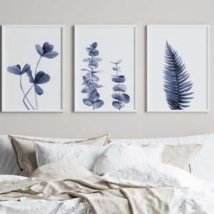 Navy Blue Clover, Eucalyptus and fern Poster/Prints | Set Of 3 Prints | Navy Wall Art | Navy Prints |  High Quality | FREE DELIVERY ( 011)