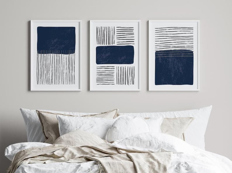 Set of 3 Navy/grey Abstract Wall Prints , Set of 3 Prints, Navy Wall
