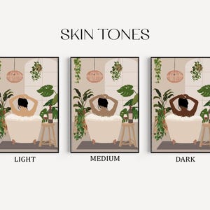 May include: Three illustrations of a person in a bathtub with plants and a glass of wine on a table. The illustrations show the person with different skin tones: light, medium, and dark. The text "SKIN TONES" is at the top of the image.