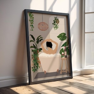 Boho Bathroom Print: Abstract Women, Botanical Leaves LIGHT