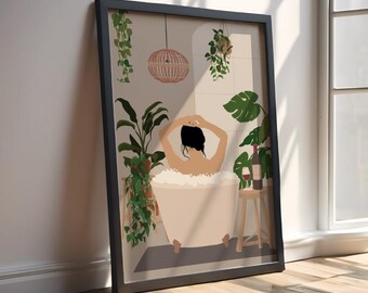 Boho Bathroom Print: Abstract Women, Botanical Leaves