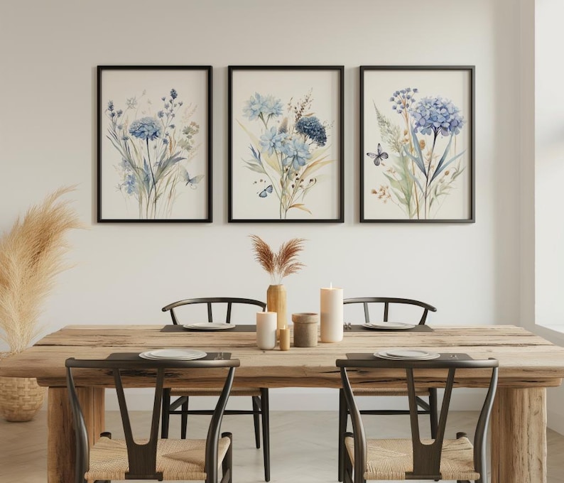 Blue Wildflower Prints Set: Botanical Wall Art, Home Decor, Set of 3 wall art, Livingroom Prints, Bedroom posters, Kitchen wall art image 9