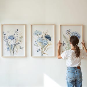 Blue Wildflower Prints Set: Botanical Wall Art, Home Decor, Set of 3 wall art, Livingroom Prints, Bedroom posters, Kitchen wall art image 4